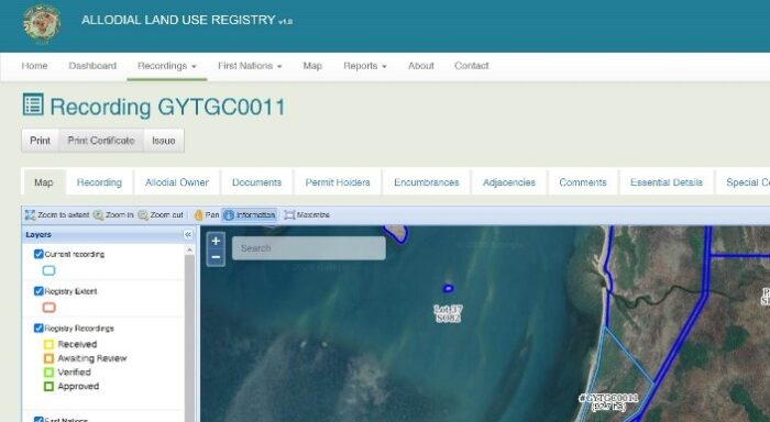Screenshot of the Allodial Land Use Registry platform interface, displaying spatial and textual data layers for First Nations land management.